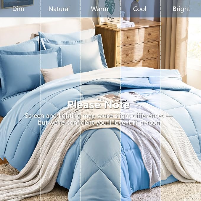 Full Size Comforter Sets, 7-Piece Bed in a Bag, Baby Blue | OEKO-TEX Certified, Box-Stitched Design, 240 GSM Down Alternative Fill, All-Season Comfort, Sheets, Pillowcases & Shams