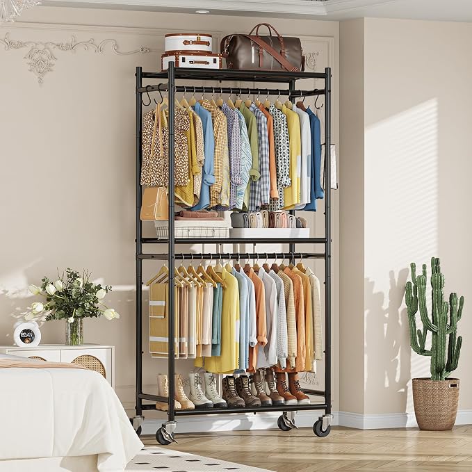 Simple Trending Clothes Rack, Clothing Rack, Portable Closet, Black | Wardrobe Closet with Mesh Shelves & Hooks, Metal Garment Rack, 360° Lockable Wheels, Multi-Functional, for Bedroom, Laundry