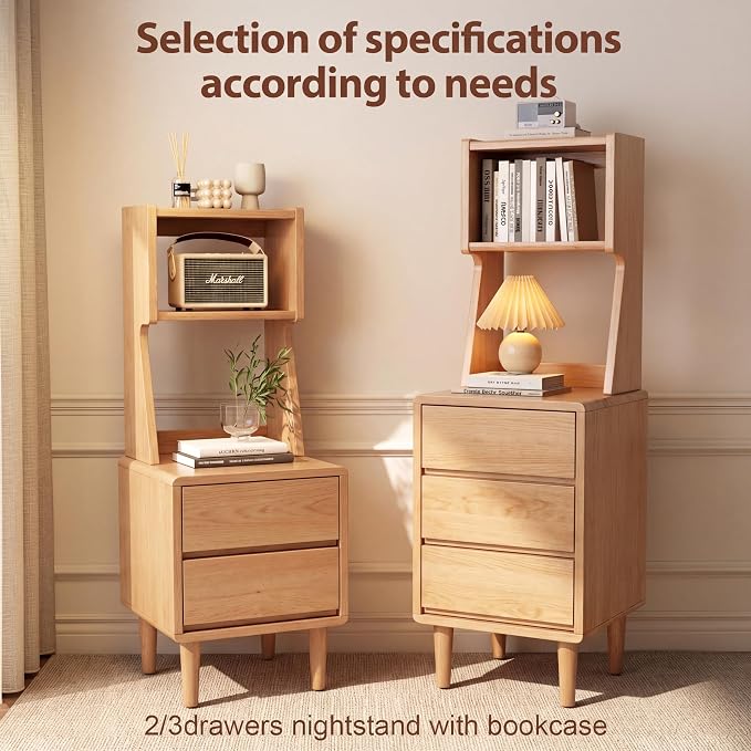 Solid Wood Bookshelf Nightstand Combo, Tall Nightstand with Bookshelf | Oak Nightstand Bookshelf,Solid Wood Nightstand with Drawers,Open Shelf Bookcase,for Bedroom,Living Room,Offices