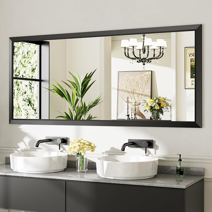 Black Metal Framed Bathroom Wall Mirror, 72x32 Inch | Anti-rust, HD tempered glass, for bathroom vanity, bedroom, living room, horizontal or vertical mount