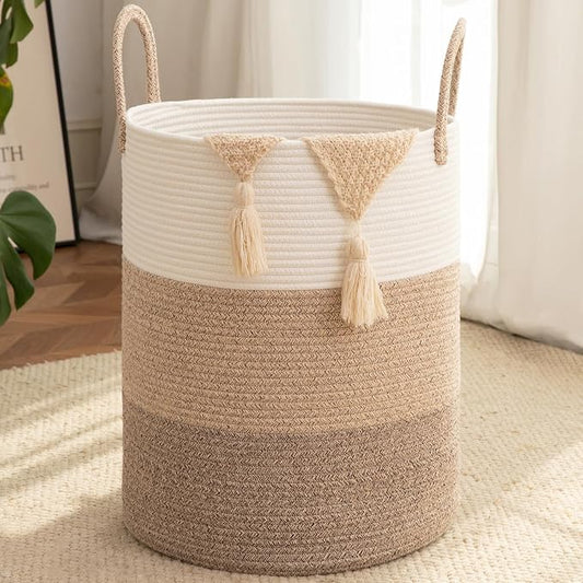 OIAHOMY 60L Nursery Hamper Laundry Basket Laundry Hamper Gradient Brown | collapsible Blanket Basket Cotton Rope Woven Basket Dirty Clothes Hamper Baby Hamper Tall Clothes Hamper with Handles