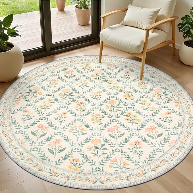 PLHXFR Round Area Rug Living Room: 4 ft Floral Washable Carpet Beige Multi | For Bedroom Dining Room Farmhouse Nursery Hallway,Vintage Floral,Machine washable,Non Slip,Stain Resistant,Large Indoor