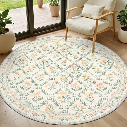 PLHXFR Round Area Rug Living Room: 4 ft Floral Washable Carpet Beige Multi | For Bedroom Dining Room Farmhouse Nursery Hallway,Vintage Floral,Machine washable,Non Slip,Stain Resistant,Large Indoor