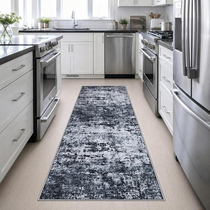 3x10 Washable Runner Rug：Modern Abstract Kitchen Carpet Black | For Hallway, Bedroom, Kitchen, Laundry, Bathroom,Door Mat,Modern Abstract,Machine washable,Non-Slip,Stain Resistant,Indoor