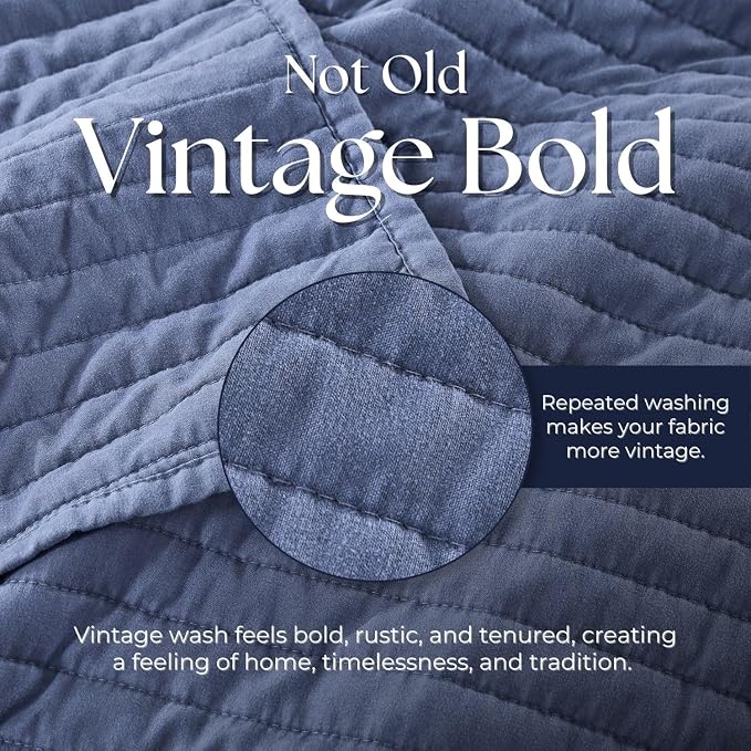 DOWN HOME Cali King Quilt Bedding Set with Shams, Vintage Washed Quilted Blanket Thin Comforter Lightweight Bedspread Coverlet Bed Cover, Brushed Microfiber Stripe Stitching, Vintage Denim, 111"x92"