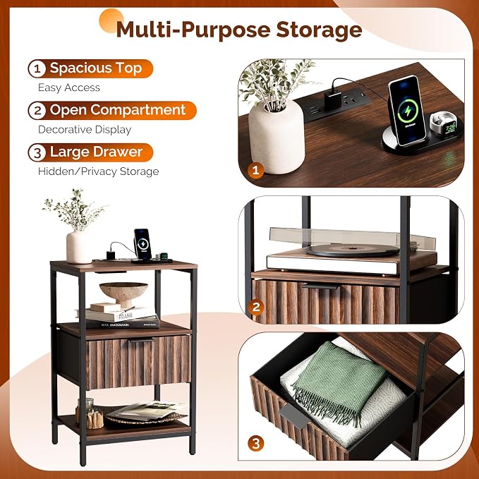 VINGLI Nightstand with Charging Station and Fabric Drawer, Walnut Nightstand Fluted with Drawer, Bedside Table/End Table with Charger Station, Side Table Bedroom, Small Night Stand Dark Walnut, 1 pc