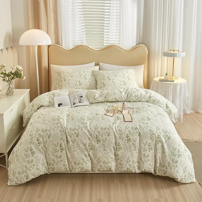 mixinni 3pcs Girls Boho Green Floral Duvet Cover Set King Size Cotton Soft Aesthetic Cute Flowers Leaves Pattern Bedding Comforter Cover, 1 Queen Duvet Cover with 2 Pillowcases for All Seasons