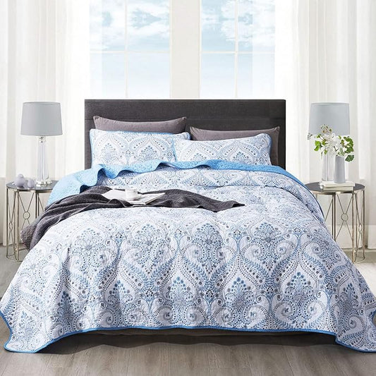 Cotton Bedspread Quilt Sets-Reversible Patchwork Coverlet Set, Blue Classic Royal Pattern,Twin Size