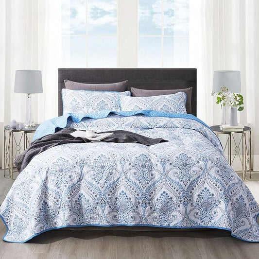 Cotton Bedspread Quilt Sets - Reversible Patchwork Coverlet Set, Blue Classic Royal Pattern, California King Size