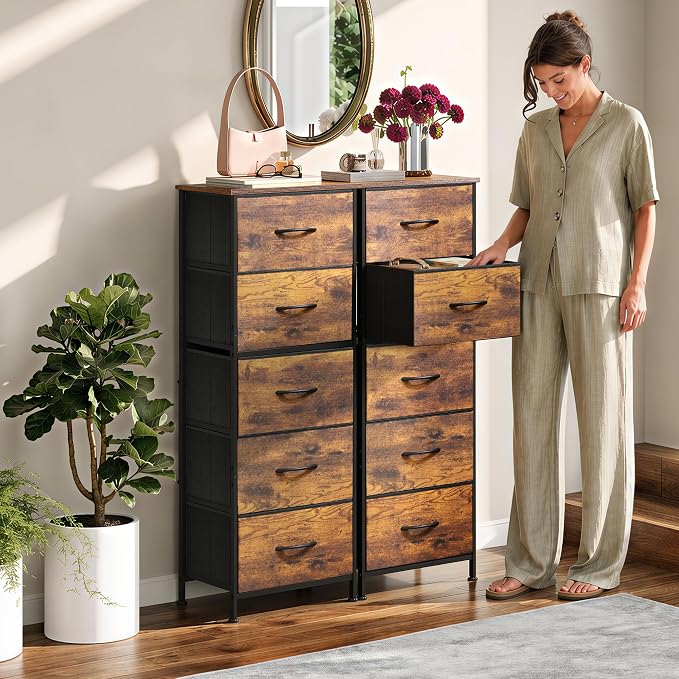 WLIVE Tall Dresser for Bedroom, 5 Drawer Dresser, Rustic Brown | 5 vertical fabric drawers, Tall vertical design, Bedroom or closet use, Dresser for small spaces, Chest of drawers