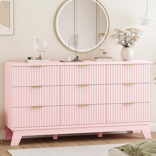 Xixini Fluted Dresser for Bedroom with 9 Drawers, 57" Wide Modern Chest of Drawers with Metal Handle, Wooden Dresser TV Stand, Wood Closet Clothes Storage Organizer for Living Room, Hallway, Pink