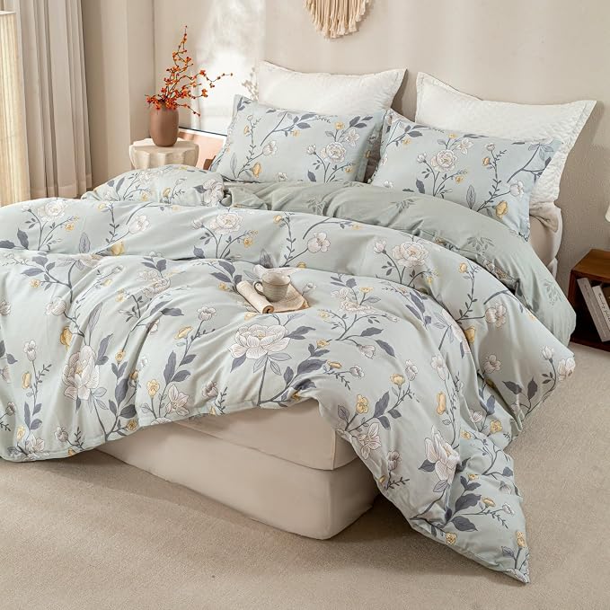 OAITE Twin Duvet Cover Set 3pcs 100% Cotton with Vintage Peony Floral | Soft, Breathable,Long-lasting,Comfort,Hidden Zipper,8 Corner Ties,Easy Care for All Season