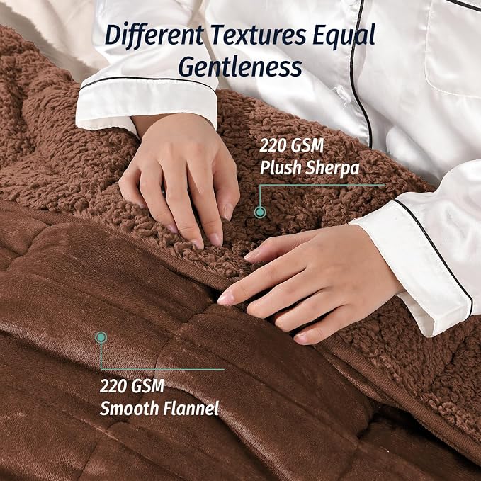 Sherpa Fleece Weighted Blanket for Adult 15 lbs Queen 60"x80" Brown | Boost Sleep Quality, Relax Body & Mind, Dual Sided Cozy Fluffy Heavy Blanket, Plush Flannel Top, Chunky Fluffy, Warm Hug