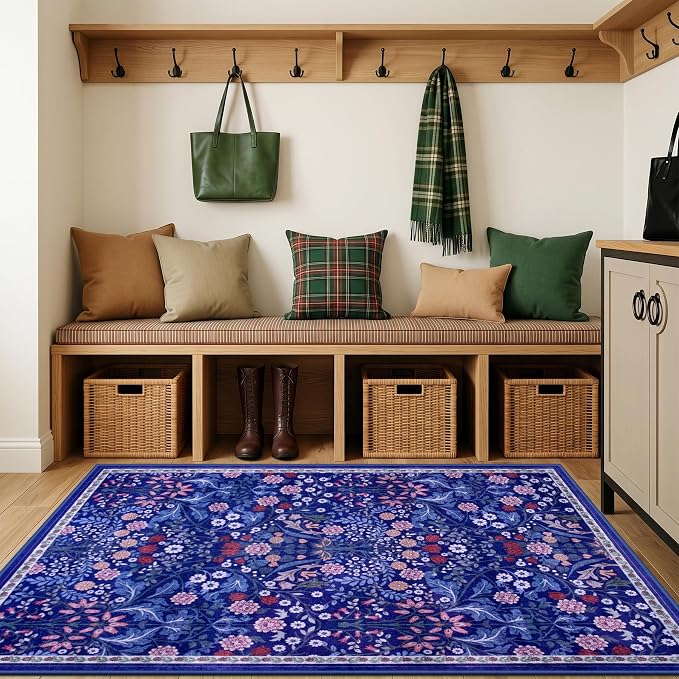 PLHXFR Area Rug Living Room: 3x5 Floral Washable Boho Soft Carpet Blue | For Bedroom Dining Room Farmhouse Nursery Hallway,Vintage Floral,Machine washable,Non Slip,Stain Resistant,Large Indoor