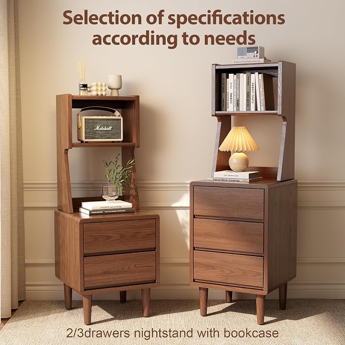 Solid Wood Bookshelf Nightstand Combo, Tall Nightstand with Bookshelf | Walnut Nightstand Bookshelf,Solid Wood Nightstand with Drawers,Open Shelf Bookcase,for Bedroom,Living Room,Offices