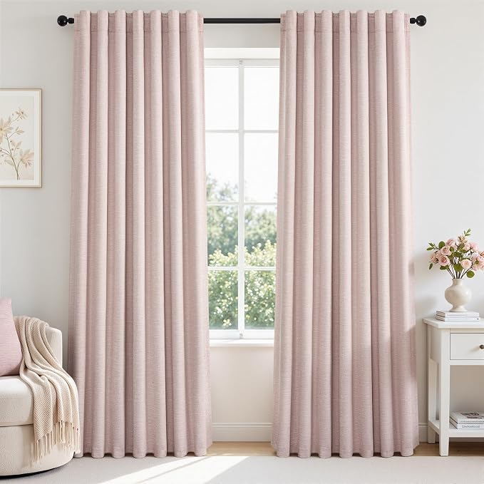 Topfinel Soft Pink 100% Blackout Curtains Linen Blended Room Darkening Curtain Panels 95 inch for Living Room Bedroom Thermal Insulated Back Tab Drapes with Hooks Rings 8FT 52Wx95L 2 Panels