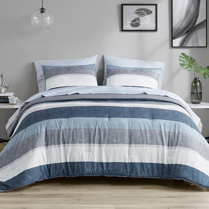 Madison Park Essentials Jaxon Bed in a Bag Comforter Set with Sheet, Printed Stripe Design, Modern All Season Bedding and Matching Sham, California King Blue/Grey 7 Piece