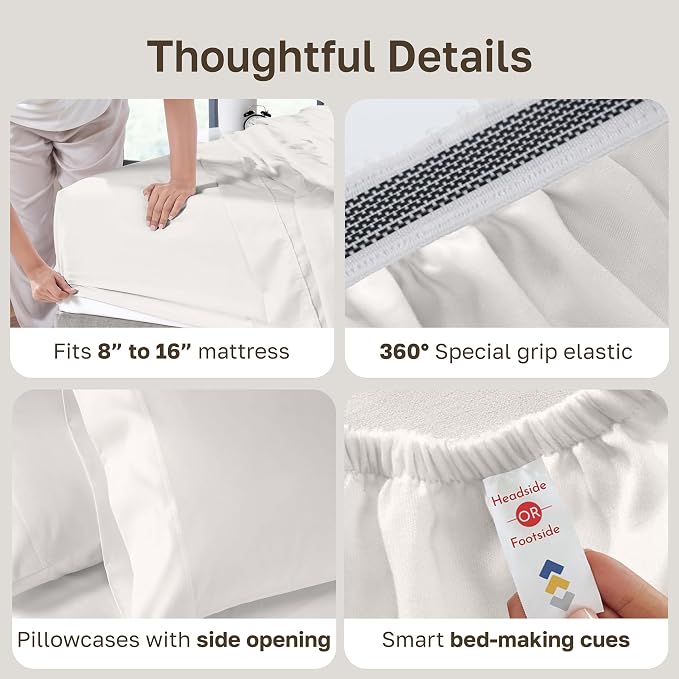 California Design Den Luxury 800 Thread Count King Bed Sheets, True Ivory | 100% Cotton Sateen Backed by Good Housekeeping Seal - Soft & Thick, 16" Deep Pocket, All-Around Elastic, 4 Pc Set, Easy Care