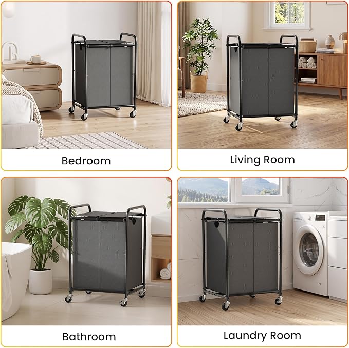 120L Laundry Sorter 2 Section, Rolling Laundry Basket with Wheels ＆ Lid | 31.7 Gal Laundry Hamper, 2 Separated Removable Bags, Lockable Wheels, Dirty Clothes Hamper for Laundry Room, Bedroom, Grey