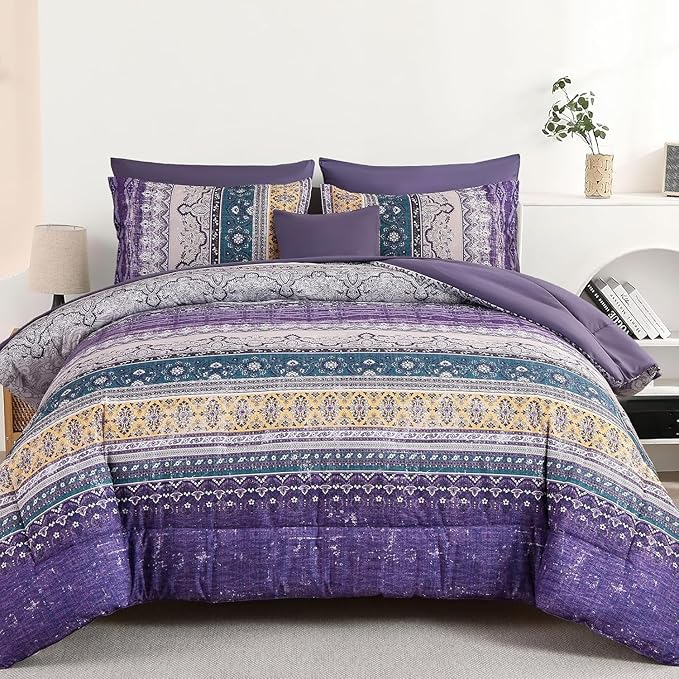 Cottolester Boho Full Comforter Set 8 Pieces,Violet Bohemian Striped Bed in a Bag, Paisley Soft Microfiber Bedding Comforter Set