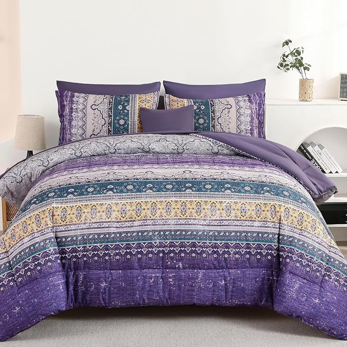 Cottolester Boho Comforter Set California King Size 8 Pieces,Violet Bohemian Striped Bed in a Bag, Paisley Soft Microfiber Bedding Comforter Set