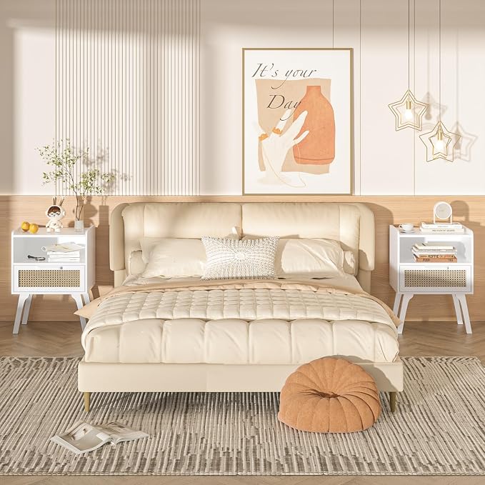 Lerliuo Rattan Nightstands Set of 2, Bedside Table with Drawer Open Shelf | Cane Accent Side End Table with Solid Wood Legs, White Mid Century Night Stand for Bedroom, Dorm and Small Spaces
