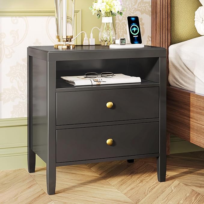 Huuger Nightstand with Charging Station, Black Nightstand with 2 Drawers | Bed Side Table for Bedroom, Bedside Table with Storage, Modern Nightstands, Metal Knobs, Painted Surface