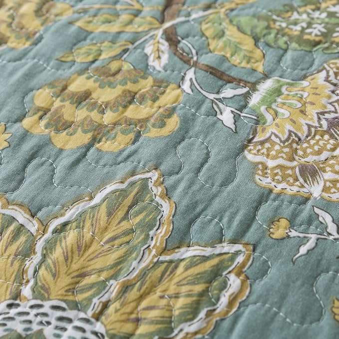 Cotton Bedspread Quilt Sets-Reversible Patchwork Coverlet Set, Green Floral Pattern, Queen Size