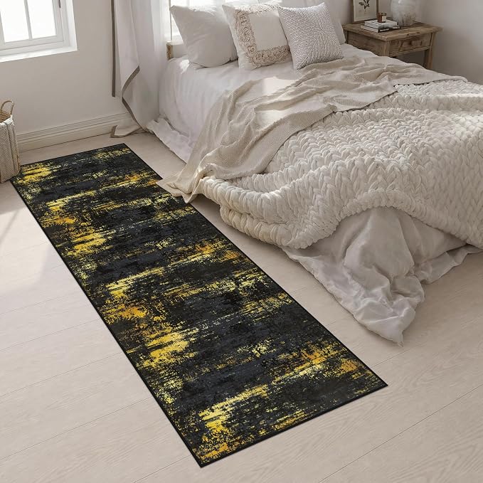 2.6x10 Washable Runner Rug:Modern Abstract Soft Carpet Black Gold | For Hallway, Bedroom, Kitchen, Laundry, Bathroom,Door Mat,Modern Abstract,Machine washable,Non-Slip,Stain Resistant,Indoor