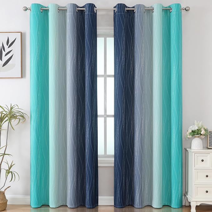Navy Blue and Teal Gradient Blackout Curtains for Living Room 108 Inch Long | Estelar Textiler Ombre Curtains for Bedroom,Room Darkening Thermal Insulated Energy Saving Grommet Drapes,52Wx108L,2 Panels