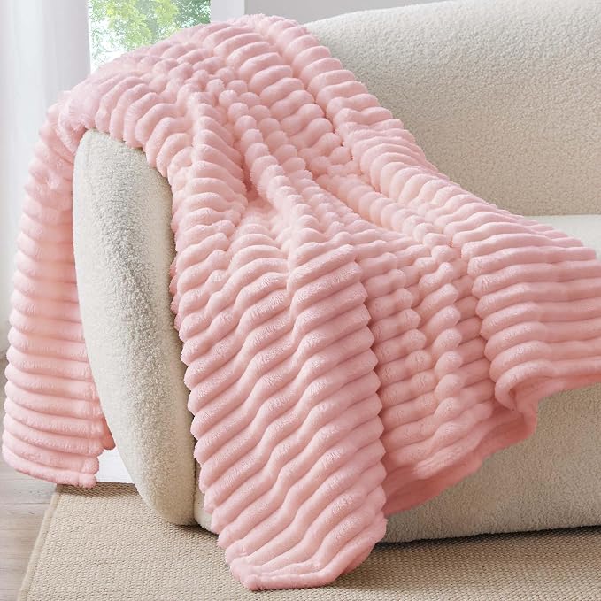 BEDELITE Throw Blanket for Couch - 300GSM Soft & Warm Fluffy Pink Blanket, Decorative and Giftable Striped Blankets for Women, Men, 50"x70" | Ultra-Soft Plush Fleece, Warm Yet Lightweight, Ribbed Texture, Home Decor, Machine Washable, Giftable, All-Sea...