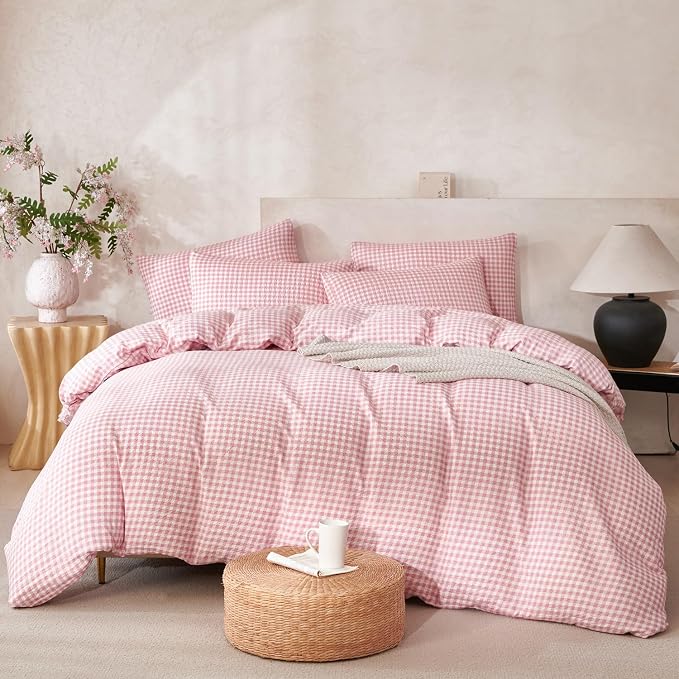 Grid Comforter Set Queen Pink Soft Luxury Washed Microfiber 3 Pieces Bedding Set, White Pink Grid Pattern Comforter with 2 Pillowcases Breathable Durable Comfy