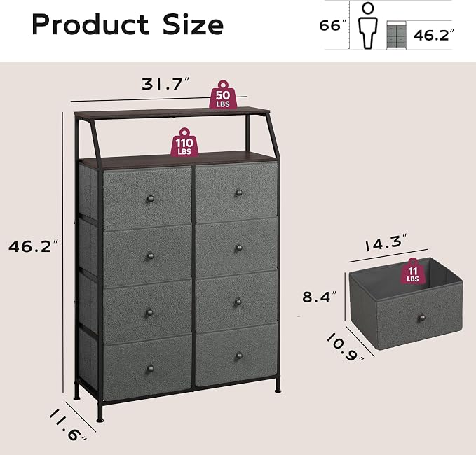 WLIVE Grey Boucle 8-Drawer Fabric Dresser Storage Tower Bedroom | Boucle fabric 8-drawer storage tower with open shelves and wood top, stylish for bedroom closet living room decor