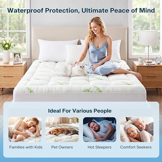 Waterproof Twin Size Mattress Topper Viscose Derived from Bamboo, Extra Thick Mattress Pad for Back Pain, Cooling Mattress Topper with Deep Pocket 8"-21",Green,Twin