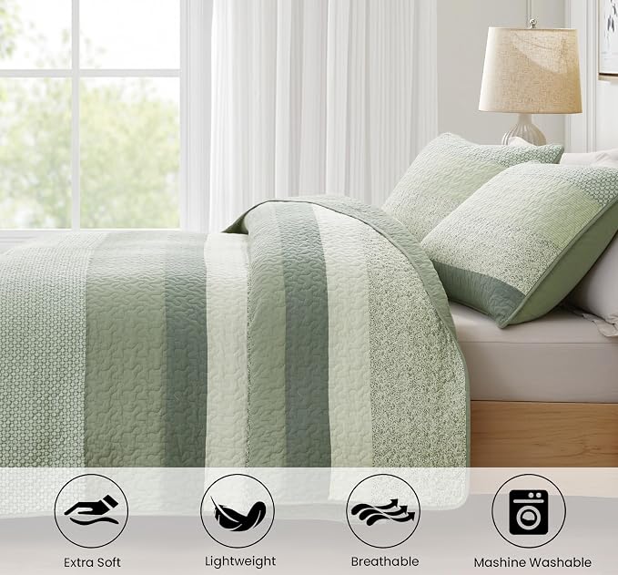 Chezmoi Collection Reed 3-Piece Chic Patchwork Striped Quilt Set - Green Floral Coverlet - Pre-Washed Cotton Lightweight Reversible Bedspread, Super King Size