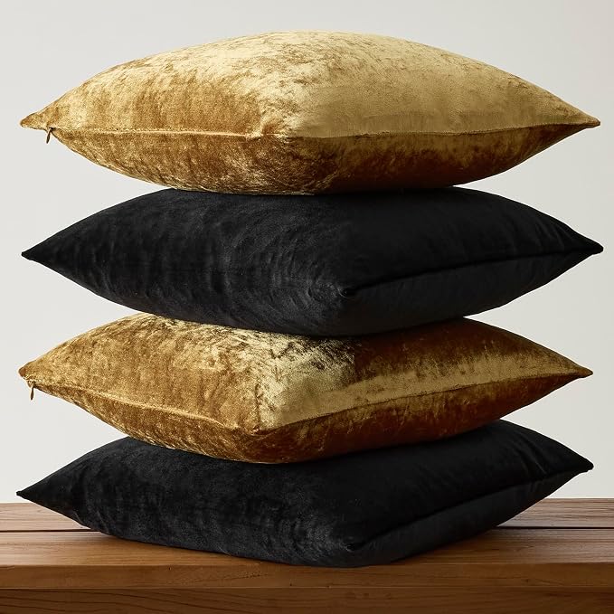GIGIZAZA Pack of 4 Decorative Velvet Pillow Covers 20x20 Black Gold | Throw Pillows for Couch Sofa,280gsm Soft Textured Fabric,Modern Accent Pillowcases,Luxury Living Room Cushion Covers