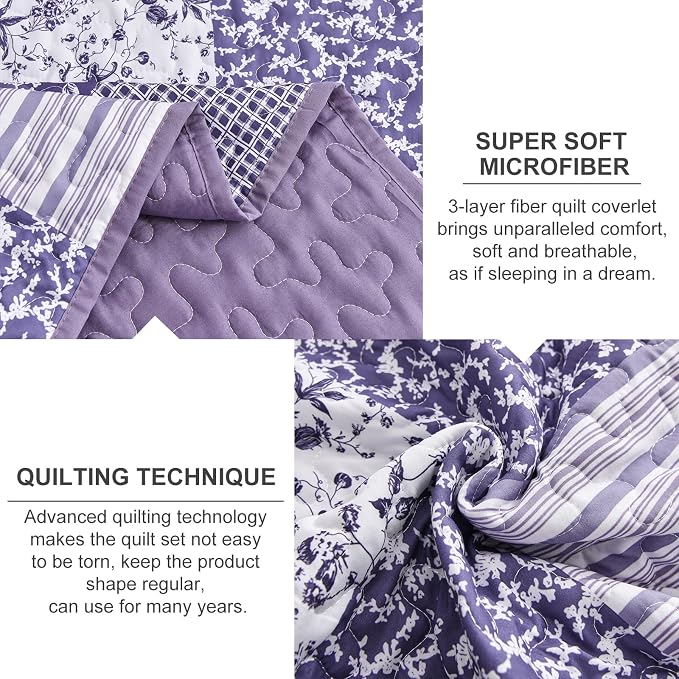 Mybedsoul Boho Quilts Queen Size, Patchwork Reversible Bedding Set, Purple | Soft Lightweight Microfiber Floral Coverlet Set, 3 Pieces Plaid Reversible Bedspread, Bed Sets for All Seasons 90"x96"