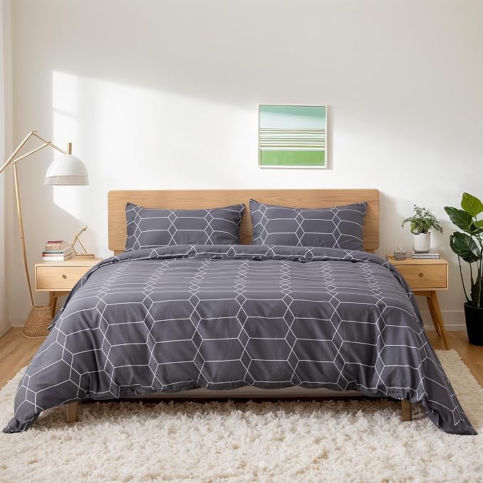 TOCOMOA Plaid Duvet Cover Set 100% Natural Cotton, Grey & White, King | Soft, Comfy & Breathable. Printed Bedding Set with Hidden Zipper & 8 Corner Ties. 3PCs, Comforter Not Included