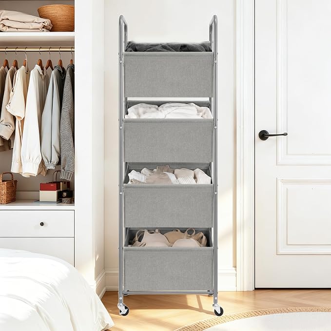 STO STO 4-Tier Vertical Rolling Laundry Hamper, Removable Bags, Gray Faric | 160L Capacity, Space-Saving Vertical Design, Rust-Resistant Steel Frame, Lockable Wheels, Ideal for Apartments & Small Spaces