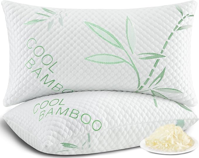 Shredded Memory Foam Pillows, Cooling Pillows King Size Set of 2 Adjustable Firm Bamboo Bed Pillows for Hot, Side, Back and Stomach Sleepers