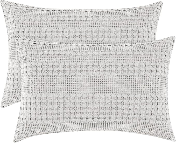 PHF 100% Cotton Waffle Pillow Shams King Size, 2 Pack 20" x 36" Soft Skin-Friendly Pillowcases, No Filling, Aesthetic Woven and Breathable Waffle Weave Pillow Case Covers for Bed, Light Grey