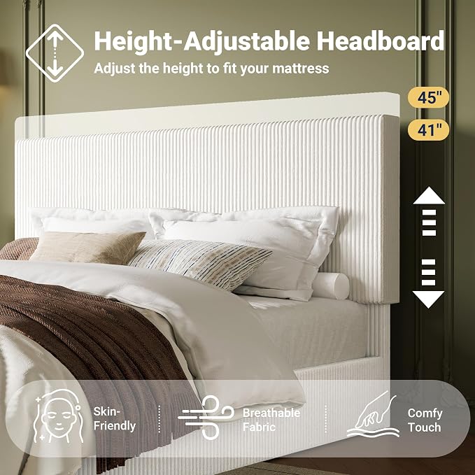 Allewie King Bed Frame, Adjustable Corduroy Headboard, Platform, White | Adjustable Headboard, Corduroy Fabric, Low Profile, Wooden Slats, 1000 lb Capacity, No Box Spring Needed