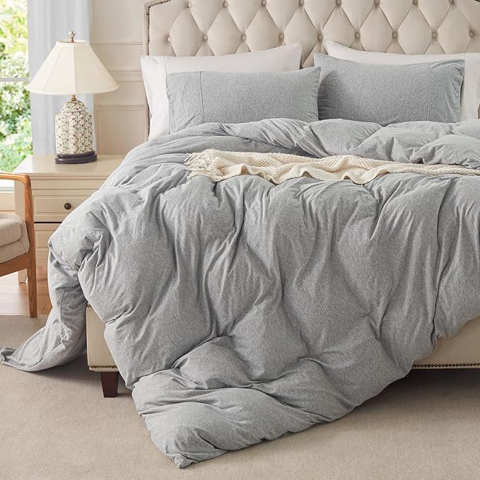 PURE ERA Jersey Knit Sheet Set Heather Light Grey California King | 100% Cotton, 3 Piece Set, T Shirt Soft, Breathable, Envelope Closure Pillowcases, Hidden Zipper, 8 Ties, No Insert, Modern