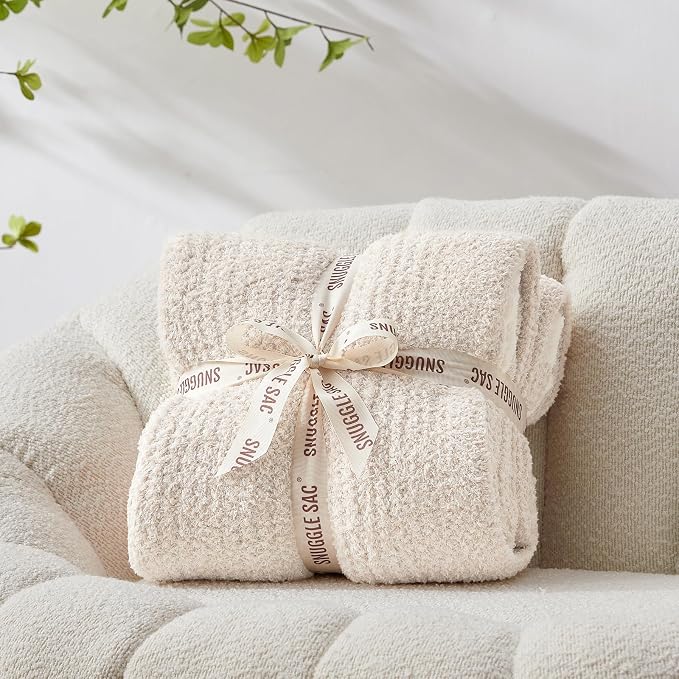 Snuggle Sac Buttery Ivory Throw Blanket for Couch, Reversible Super Soft Knitted Blankets, Warm Cozy Knit Fuzzy Plush Lightweight Throws Dupes for Sofa, Bed, Picnic, Ivory, 50 x 60 inches (Pack of 2)