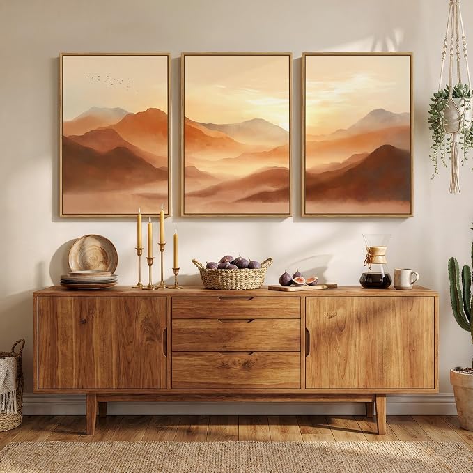 Framed Orange Abstract Mountain Wall Art for Living Room, 3 Piece, 24x36 In | Large, Landscape, Sunset scenic, Terracotta, Modern, Hallway, Home office, Dining room, Bedroom wall decor, Canvas artwork