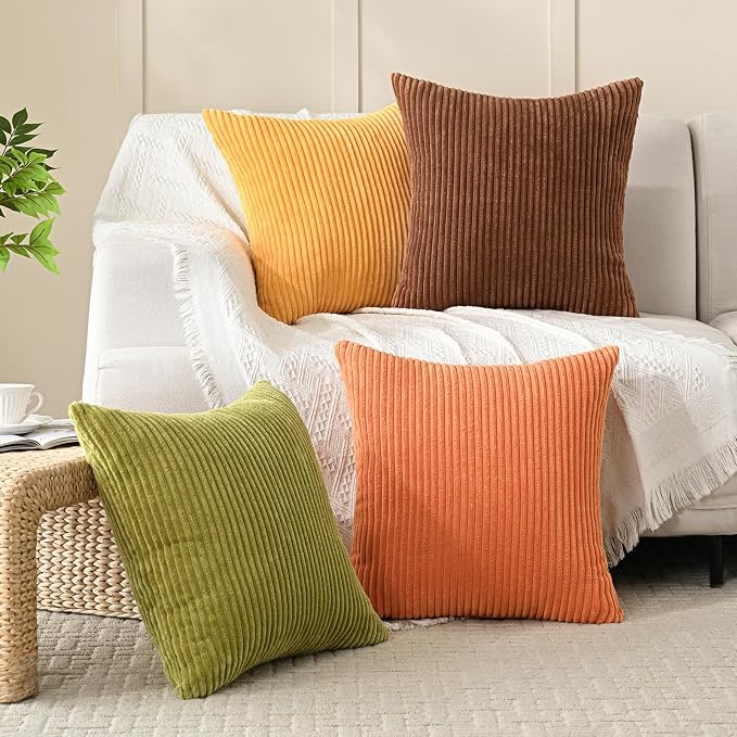 Volcanics Set of 4 Fall Orange Corduroy Throw Pillow Covers 20x20 Inch | Decorative Yellow Green Gradient Couch Pillow Covers, Rustic Western Striped Cushion Covers for Bed Sofa Living Room