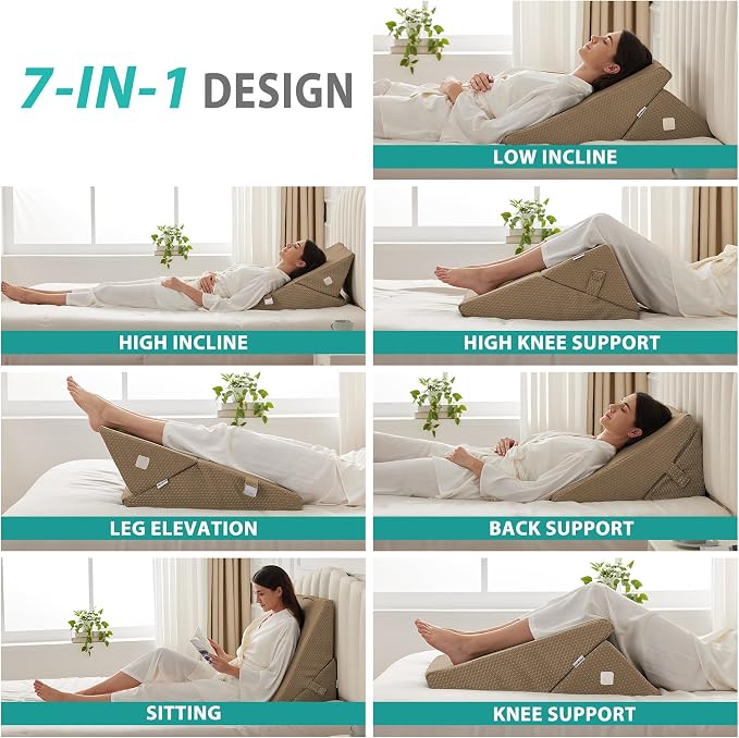 Wedge Pillow for Sleeping, Adjustable 9&12 Inch Foldable Bed Wedge Pillow Set, Orthopedic Memory Foam Triangle Pillows Wedge, 7-in-1 Elevated Pillows for Leg and Back Support, Brown