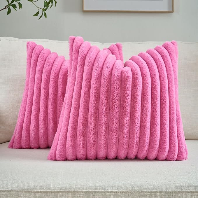 FUTEI Pack of 2 Faux Fur Throw Pillow Covers 22x22 Inch, Hot Pink | Fluffy Faux Rabbit Fur Front/Premium Velvet Back,Hidden Zipper,Machine Washable,Non-Shedding,Colorfast,Insert Not Included.