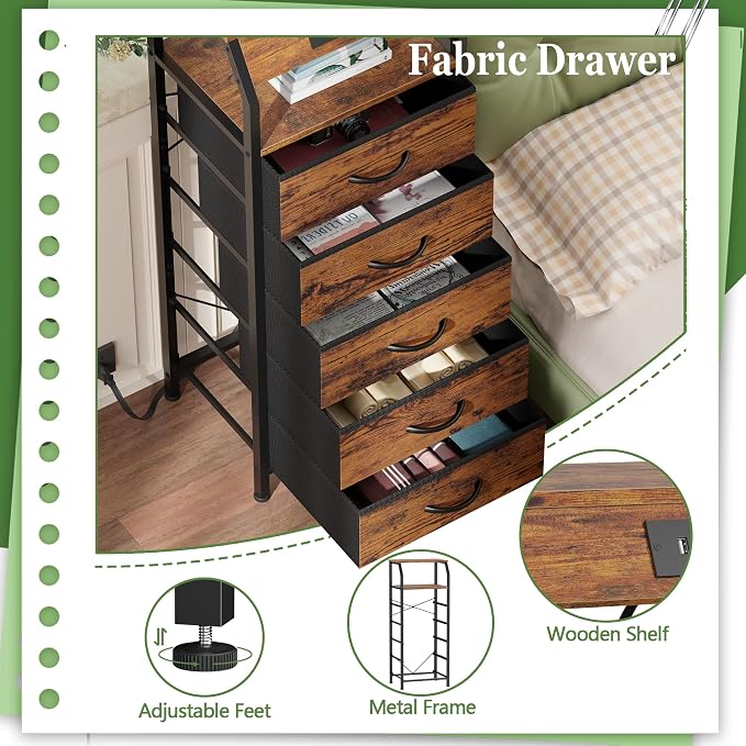 Furnulem 5 Drawers Dresser with Charging Station, Tall Nightstand, Brown | Tall Dorm Nightstand, Fabric Chest of Drawers with Storage Shelf, Skinny Dresser for Bedroom, Closet, Entryway, 3 Ways to Use