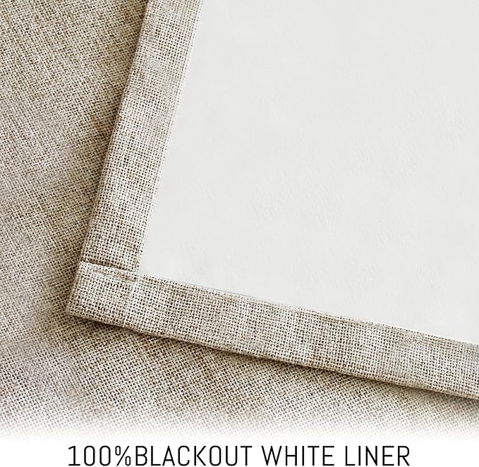 Yakamok Natural Linen Textured Curtains 63 Inches Long for Living Room | 100% Blackout Curtains,Room Darkening Curtains,Thermal Grommet Bedroom Curtain 2 Panels with Greyish White Liner,52W x 63L